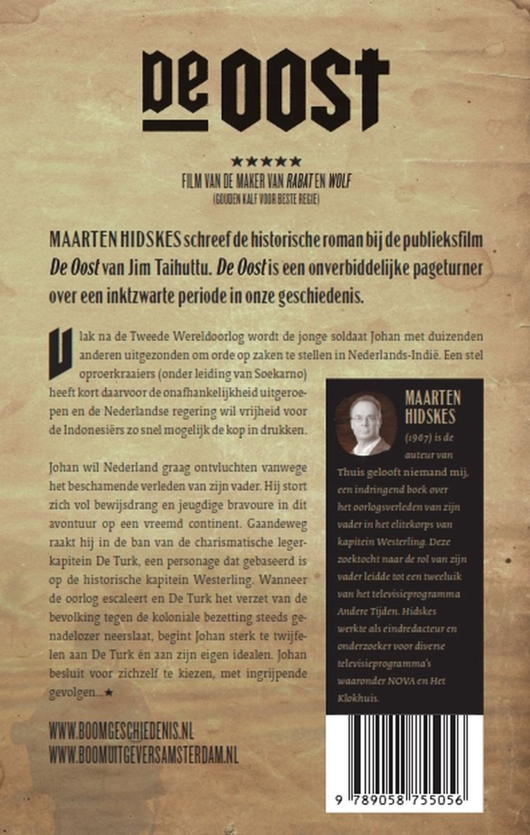 Boekomslag met de titel 'De Oost' en een beschrijving van de historische roman van Maarten Hidskes.
