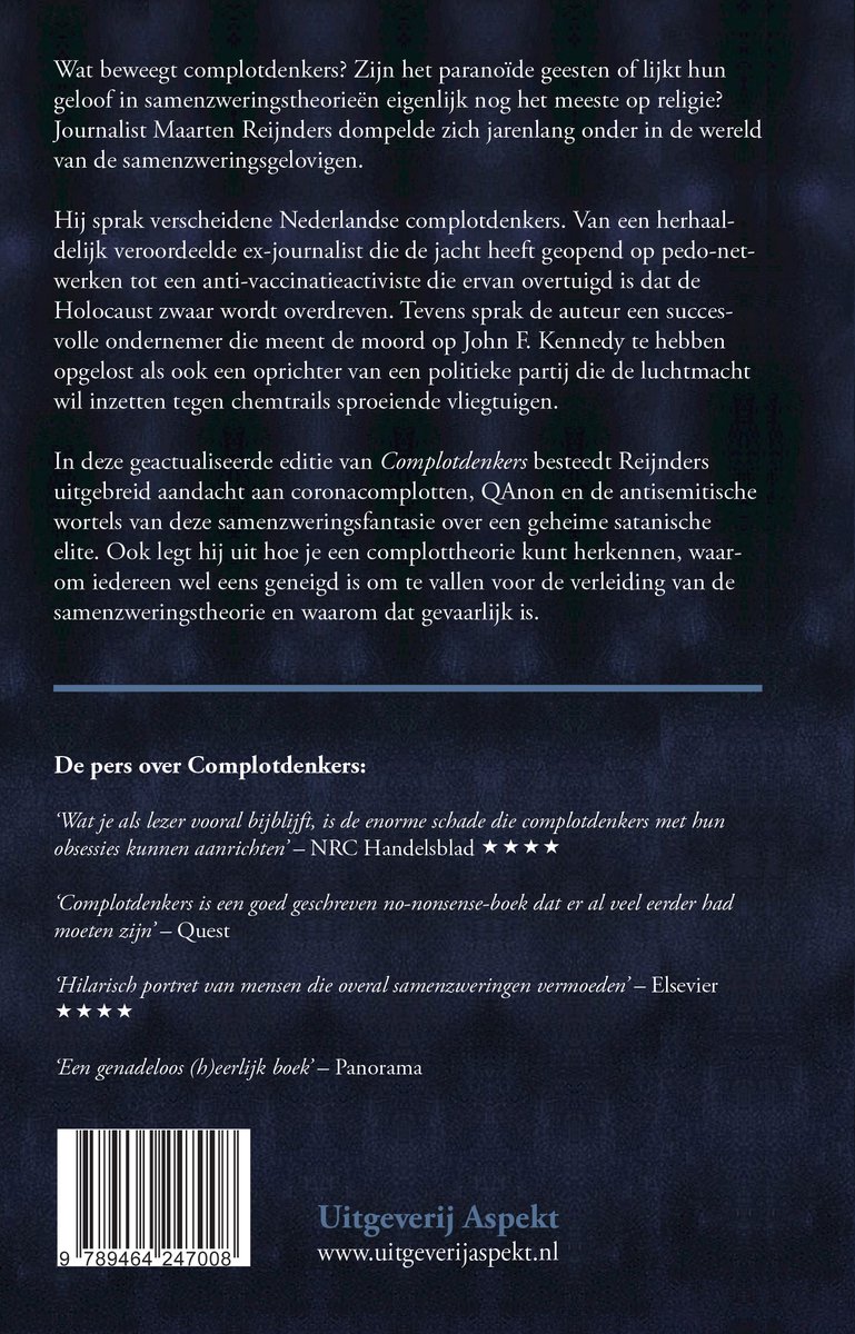 Achterkant van een boek met tekst over complotdenkers, recensies en uitgeverij informatie.