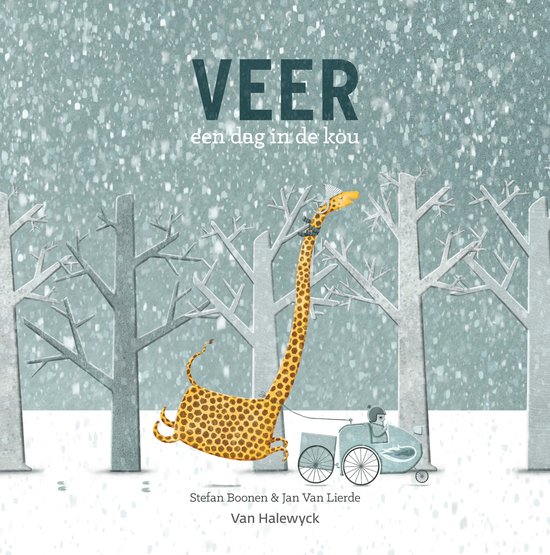 Boekcover met een giraffe in een karretje, getrokken door de giraffe. Een winterse scène met kale bomen en vallende sneeuw. Tekst: VEER, den dag in de kou.