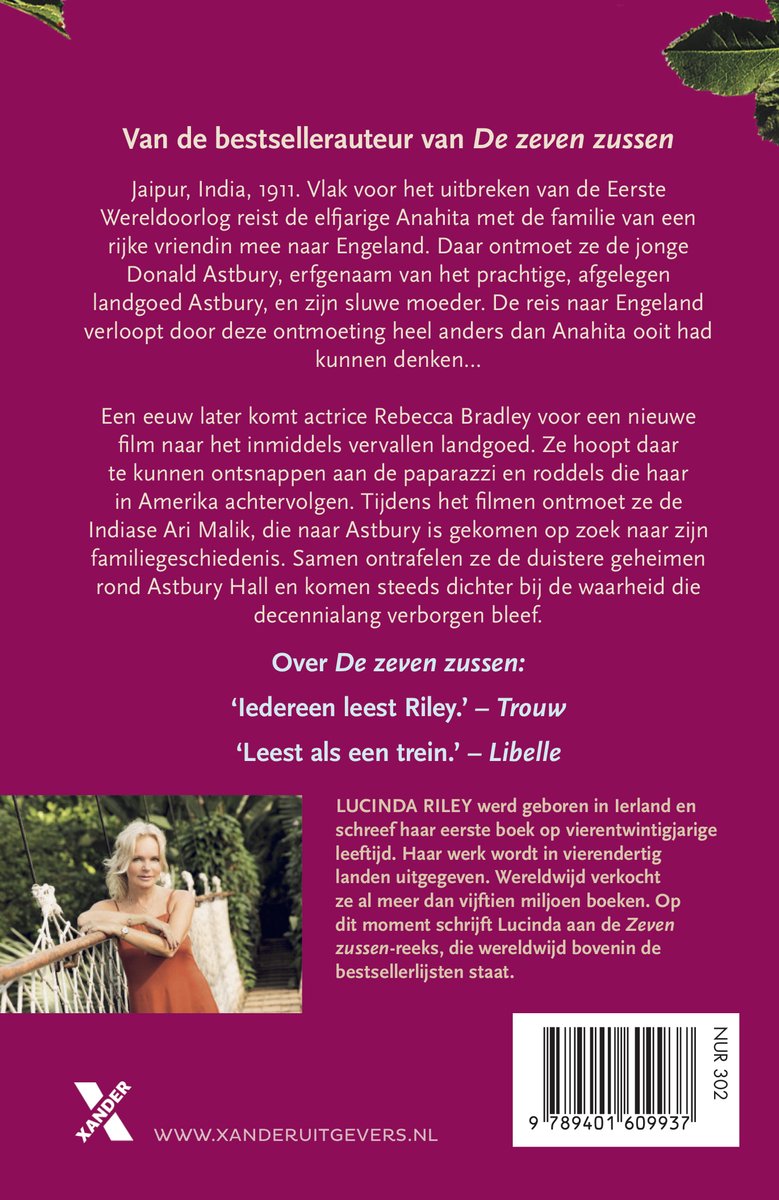 Boekcover met tekst "De zeven zussen". Een vrouw met blond haar zit op een stoel.