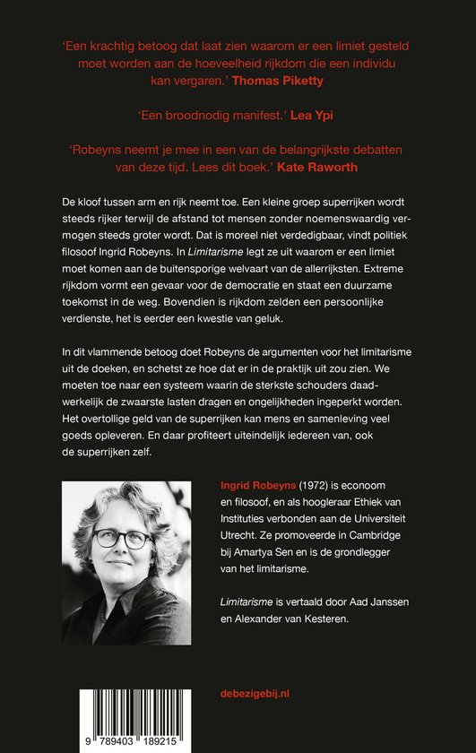 Boekomslag met portret van Ingrid Robeyns, geschreven door haarzelf. Ze draagt een bril en een zwart jasje. Tekst over limitarisme.