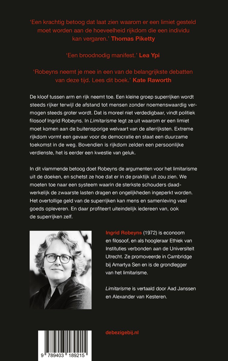 Boekomslag met portret van Ingrid Robeyns, geschreven door haarzelf. Ze draagt een bril en een zwart jasje. Tekst over limitarisme.