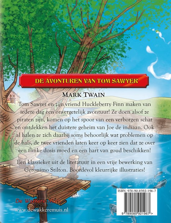 Boekcover De Avonturen van Tom Sawyer, illustratie van een pier, boot en bomen.