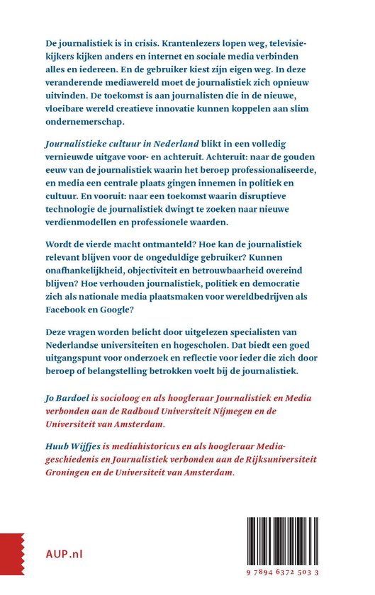 Boekomslag met tekst over journalistiek in Nederland en auteurs Jo Bardoel en Huub Wijfjes.