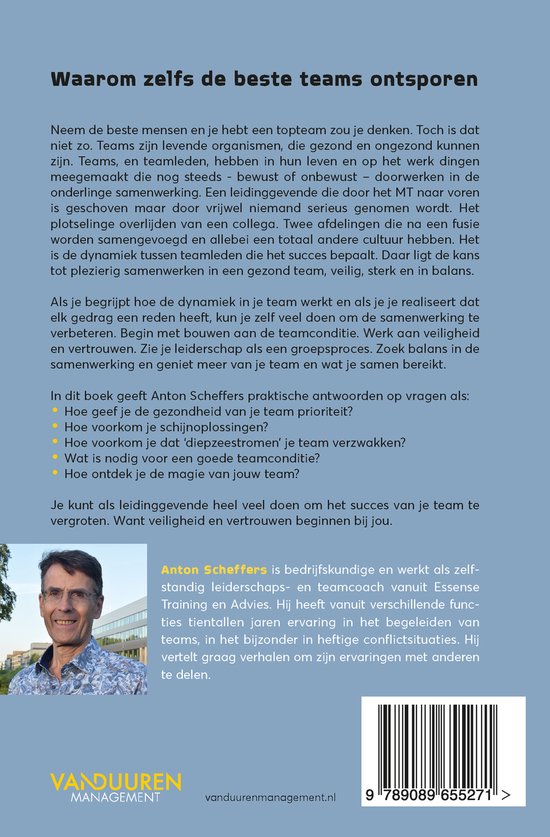 Boekomslag met tekst 'Waarom zelfs de beste teams ontsporen' en een foto van Anton Scheffers.