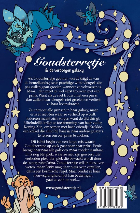 Boekkaft met tekst 'Goudsterretje & de verborgen galaxy'. Elf-achtige figuur met blauwe vleugels en kroon, zweeft tussen gouden sterren op donkerblauwe achtergrond.