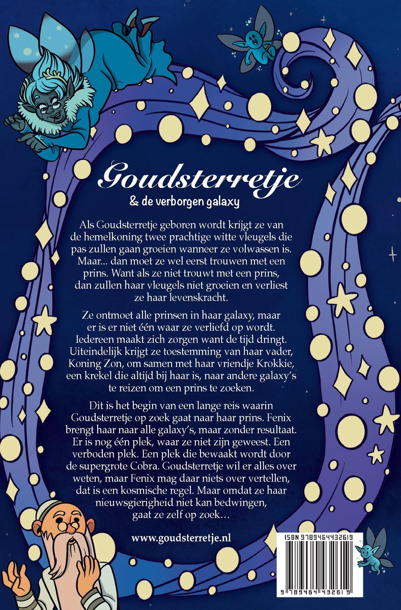 Boekkaft met tekst 'Goudsterretje & de verborgen galaxy'. Elf-achtige figuur met blauwe vleugels en kroon, zweeft tussen gouden sterren op donkerblauwe achtergrond.