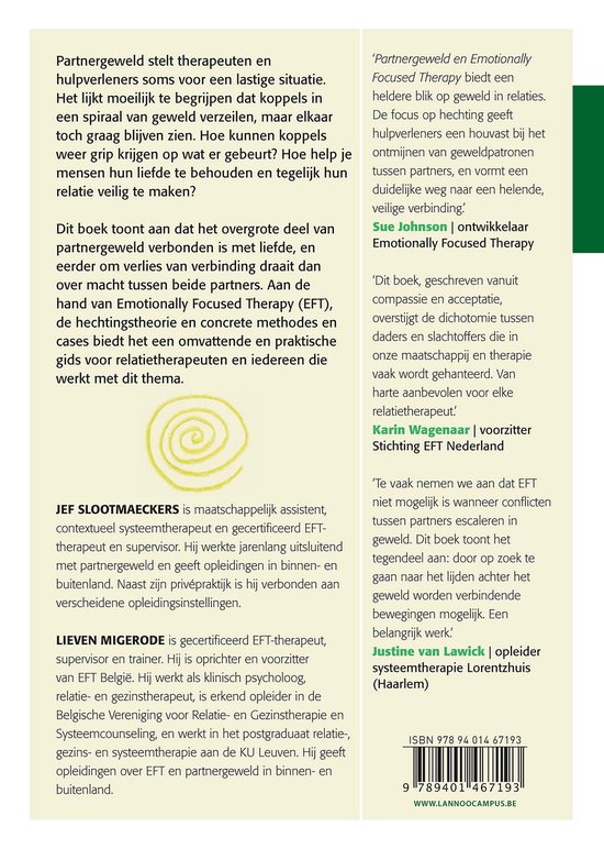 Boekomslag met tekst over partnergeweld en Emotionally Focused Therapy, met auteursinformatie en ISBN.