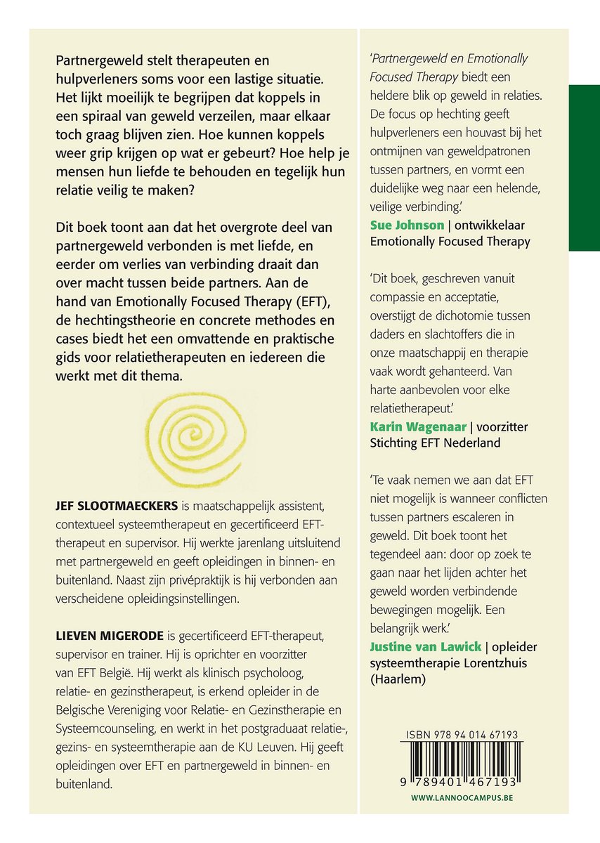Boekomslag met tekst over partnergeweld en Emotionally Focused Therapy, met auteursinformatie en ISBN.