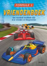 Formule 1 vriendenboek met racewagens op een circuit. Tekst: 'FORMULE 1 VRIENDENBOEK Een reuze leuk invulboek voor al je vriendjes en klasgenootjes'.
