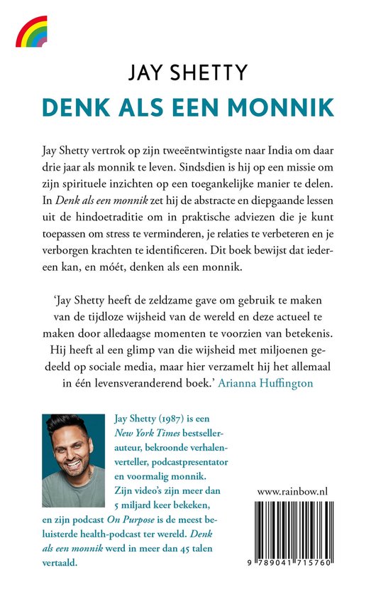 Dos d'un livre avec du texte sur Jay Shetty et son livre 'Pense comme un moine'.