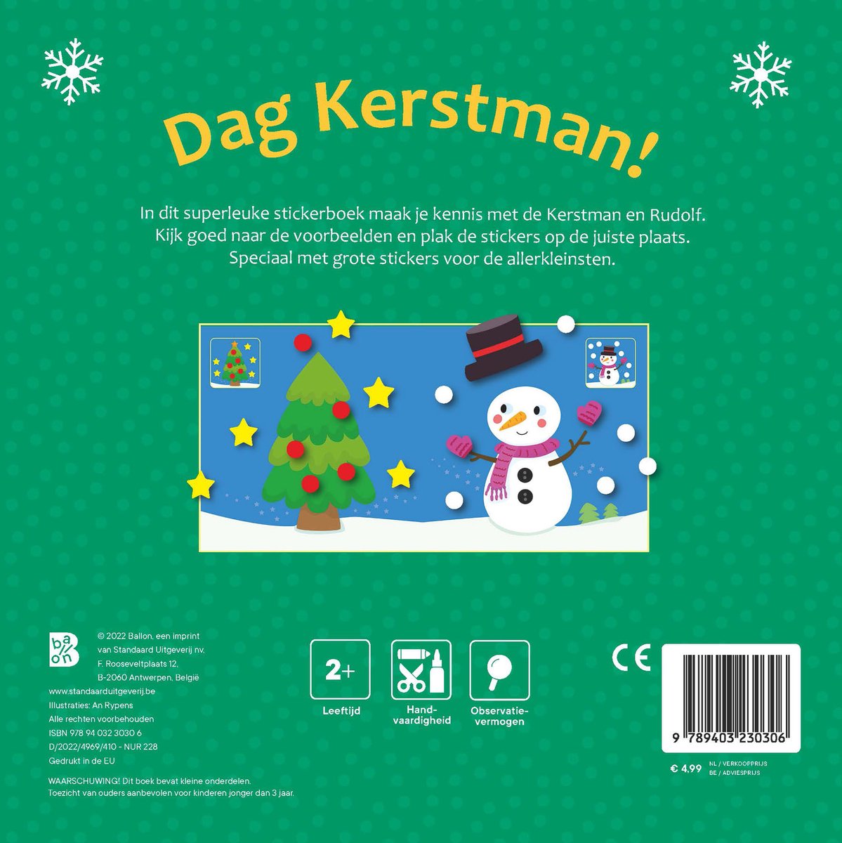 Een kerstboom en een sneeuwpop met kerstmuts en sjaal op een blauwe achtergrond met sterren en sneeuwvlokken.