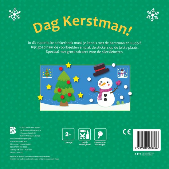 Een kerstboom en een sneeuwpop met kerstmuts en sjaal op een blauwe achtergrond met sterren en sneeuwvlokken.