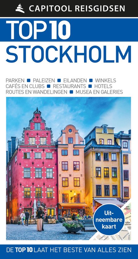Voorzijde van de Capitool Top 10 reisgids Stockholm met kleurrijke historische panden en aanduiding uitneembare kaart.
