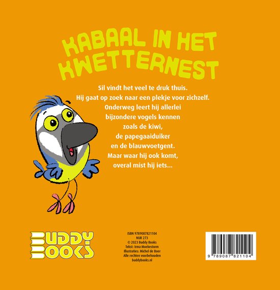 Een cartoonvogel met gele buik en blauwe accenten, op een oranje achtergrond. Tekst: Kabaal in het kwetternest.