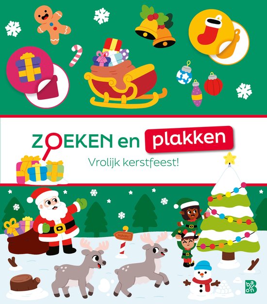 Zoeken en plakken: Vrolijk kerstfeest! Illustratie van kerstman, rendieren, elfjes, kerstboom en cadeaus.
