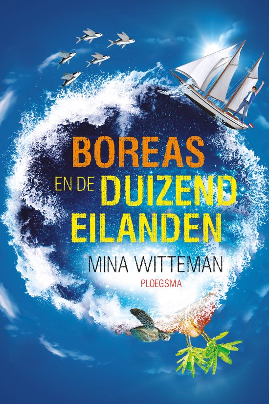 Boekcover: een zeilboot vaart door een woeste zee, met vogels en een schildpad.