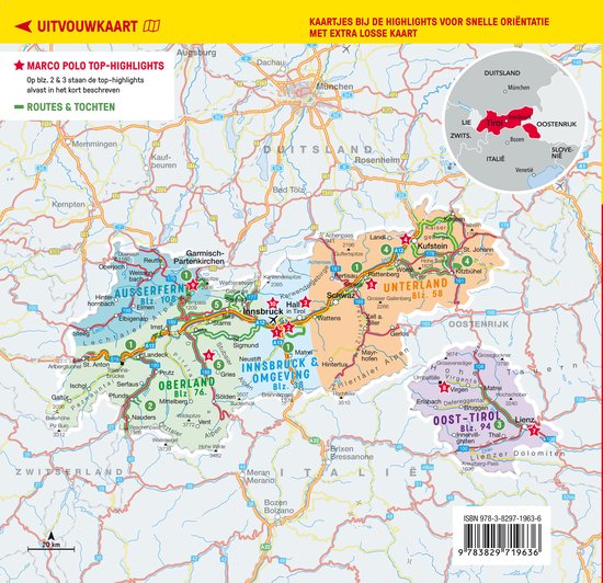 Een kaart van Tirol met routes en bezienswaardigheden, inclusief de tekst "Marco Polo Top-Highlights".