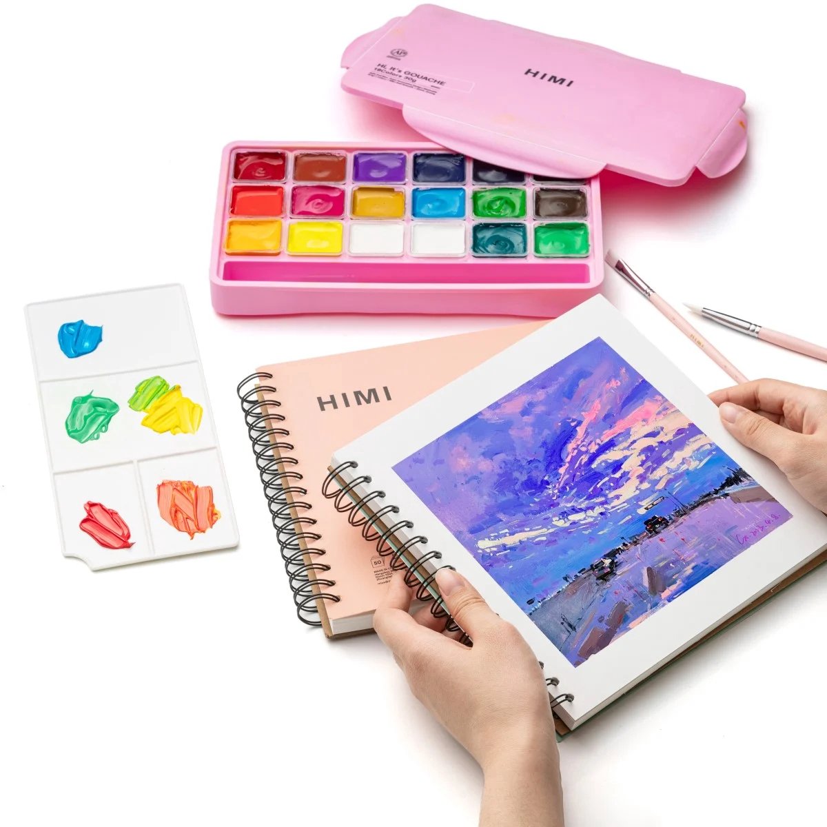 HIMI - Gouache - set van 18 kleuren - 30gr - 3 penselen - Roze — afbeelding 7