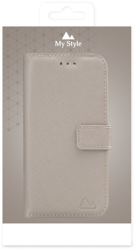 Étui de téléphone beige clair style portefeuille avec fermeture magnétique, dans son emballage.