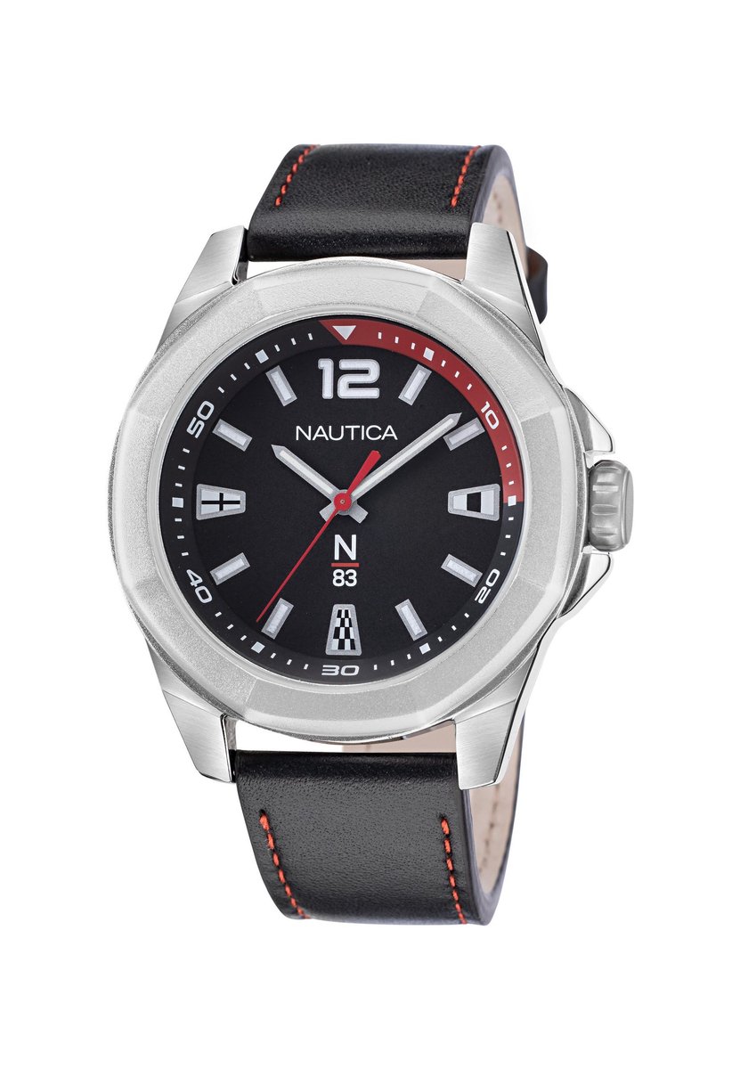 Nautica Tortuga Bay Kwarts Analoog Horloge Zwart Case: 100% Low Lead Brass| Bracelet: 100% Leather 46 mm NAPTBF105
