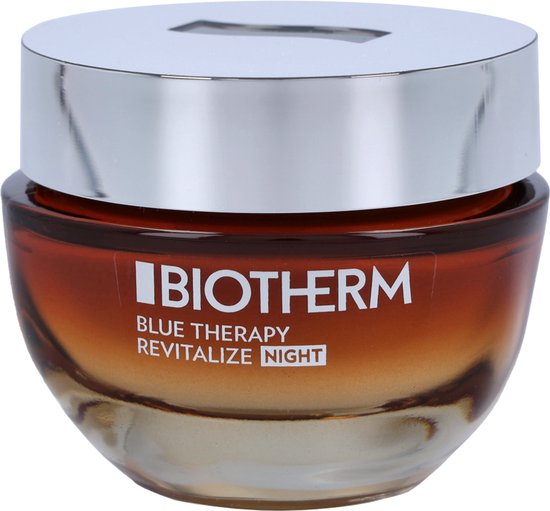 Biotherm Blue Therapy Revitalize Night nachtcrème in een amberkleurig glazen pot met zilverkleurig deksel.