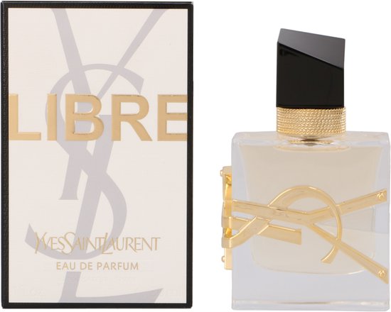 Doos en YSL Libre Eau de Parfum damesparfum. Gouden logo, gouden kettingdetail, zwarte dop.