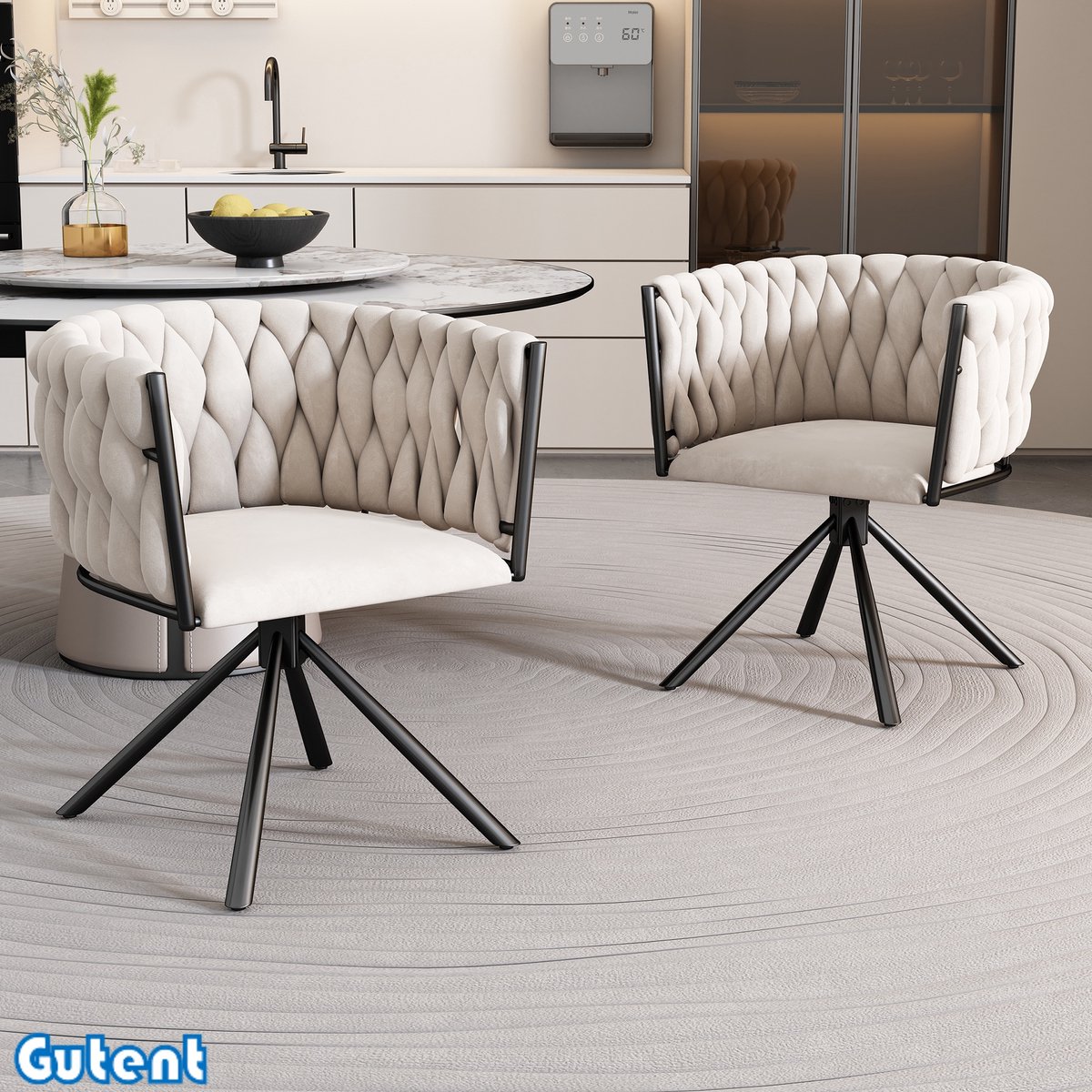 Gutent Fluwelen Eetkamerstoel-Set van 2-Casual Draaistoel-Met Vier Metalen Ondersteunende Poten-Beige
