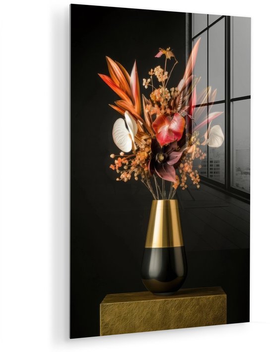 MuchoWow® Tableau sur verre 60x90 cm - Tableau acrylique sur verre - Exotique - Bouquet - Vase - Or - Photo sur verre - Décoration murale salon - Décoration murale chambre - Peintures