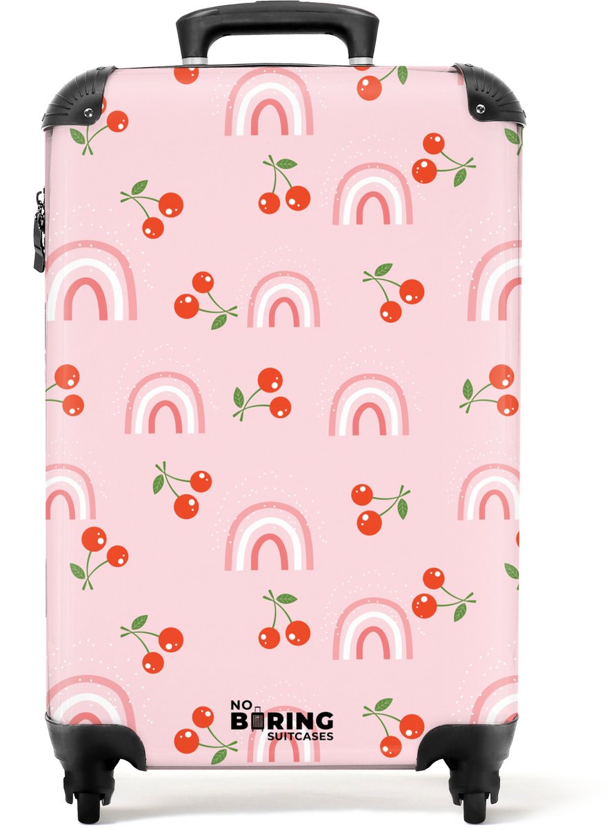 NoBoringSuitcases.com - Koffer - Roze met regenboog en kersen patroon - Past binnen 55x40x20 cm en 55x35x25 cm - Trolley handbagage - Valiezen met wieltjes volwassenen - Reiskoffer op wielen - Rolkoffer lichtgewicht