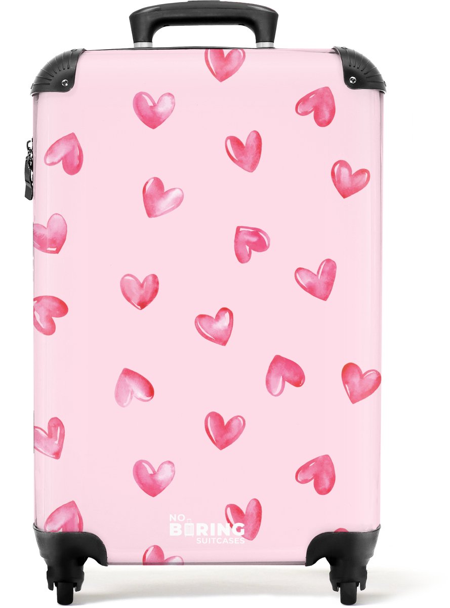 NoBoringSuitcases.com - Koffer - Roze hartjes - Past binnen 55x40x20 cm en 55x35x25 cm - Trolley handbagage - Valiezen met wieltjes volwassenen - Reiskoffer op wielen - Rolkoffer lichtgewicht