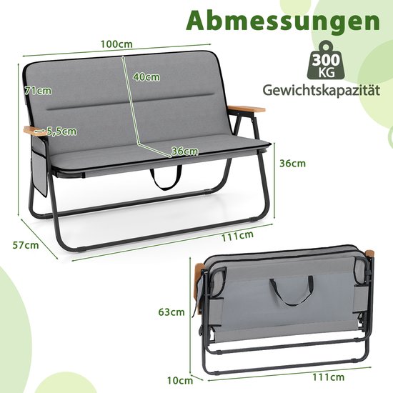 COSTWAY Campingstoel voor 2 personen, klapstoel met afneembaar kussen, zijzak en armleuningen, 300 kg draagvermogen, inklapbare campingbank, vouwbank voor buiten, tuin, camping, grijs — afbeelding 3