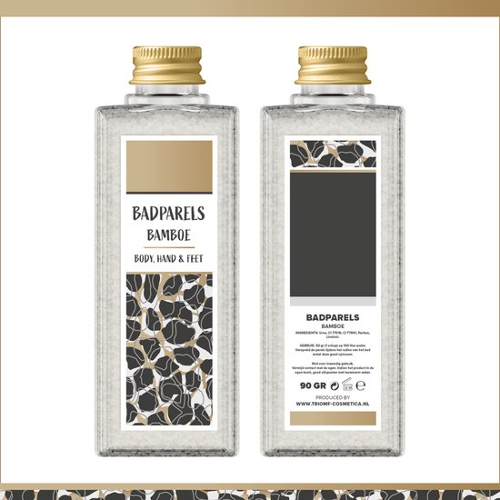 Transparante badparels met bamboe geur, in een vierkante fles met gouden dop. Voor body, hand en feet.