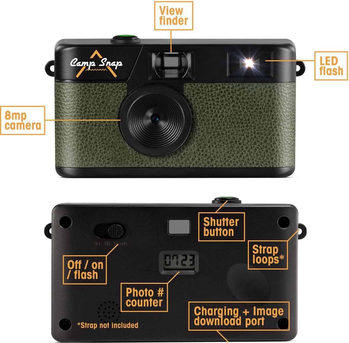 Campsnap Digitale Camera - Schermvrije Retro Fotocamera - 8 Megapixel - 2000 foto's - Minimalistisch Vintage Design - Met Flits - Oplaadbaar - 4GB - Groen – foto 2