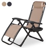 Novitaa Opvouwbare Ligstoel - Verstelbaar - 30°-90° - Beker en Telefoonhouder - Tuinstoel - Metaal - Beige