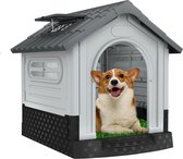 NAIZY Hondenhok Outdoor Hondenmand Hondenhuis met deur en dakramen, waterdicht en uv-bestendig, buiten, kunststof, huisdierenhuis, grijs, 79,5 x 70,5 x 78 cm