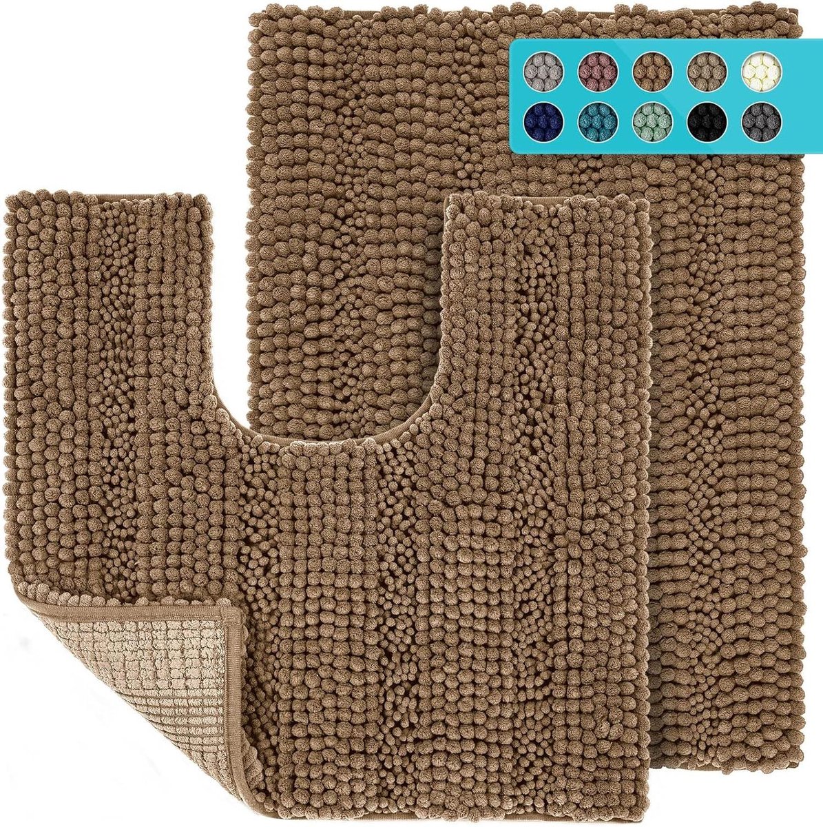 Badmatset: 2 stuks antislip badkamermat voor douche en badkuip + voetstuk mat voor toilet - gebogen U-vorm tapijt van machine wasbaar microvezel - 43 x 61 cm + 51 x 51 cm (koffie)