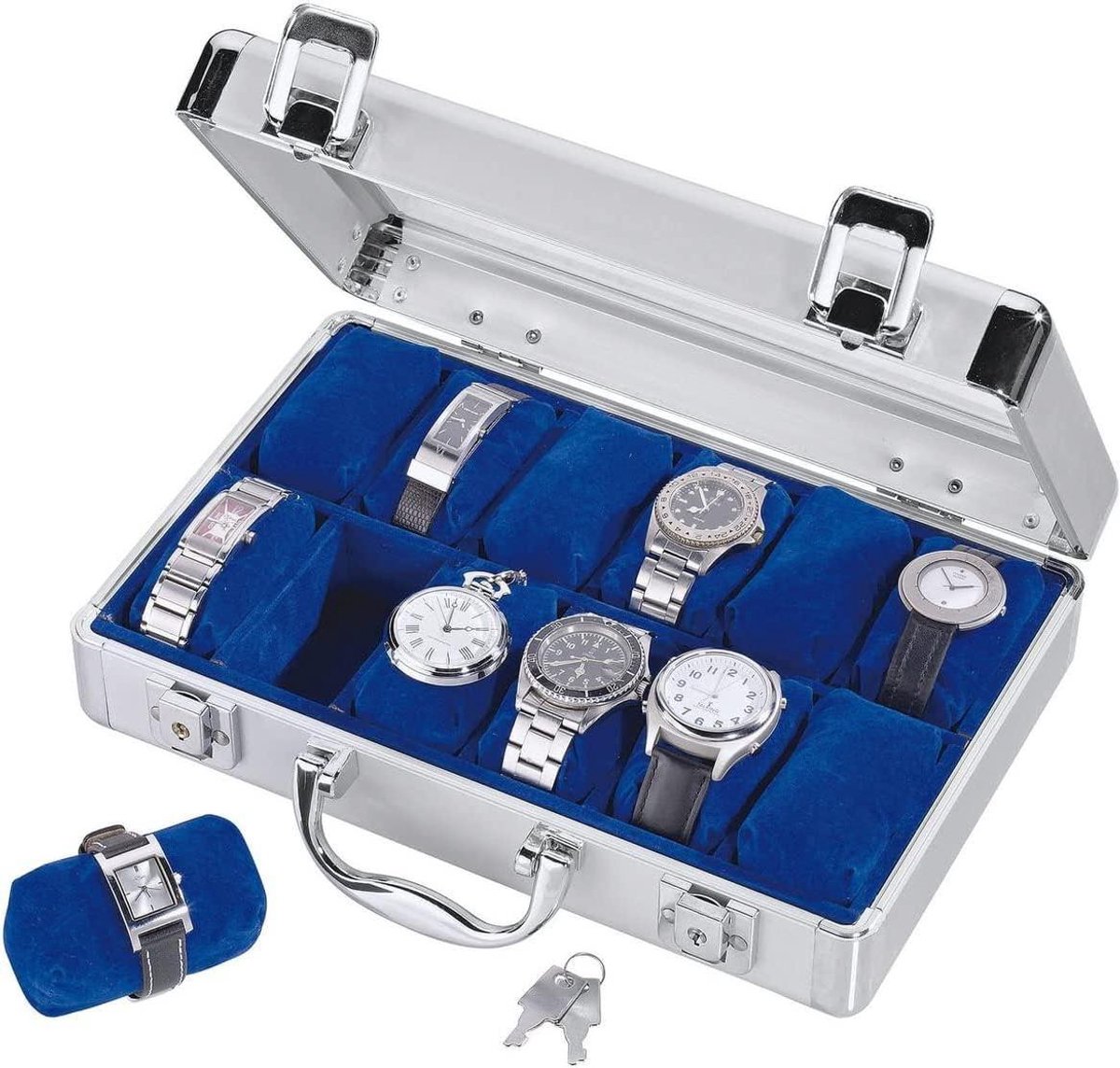 ALU Horloge Opbergdoos Heren voor 12 Horloges Juwelenhouder in zeer lichtgrijs fluweel (leeg) - afsluitbare horlogedoos met glazen deksel en uitneembaar horlogekussen