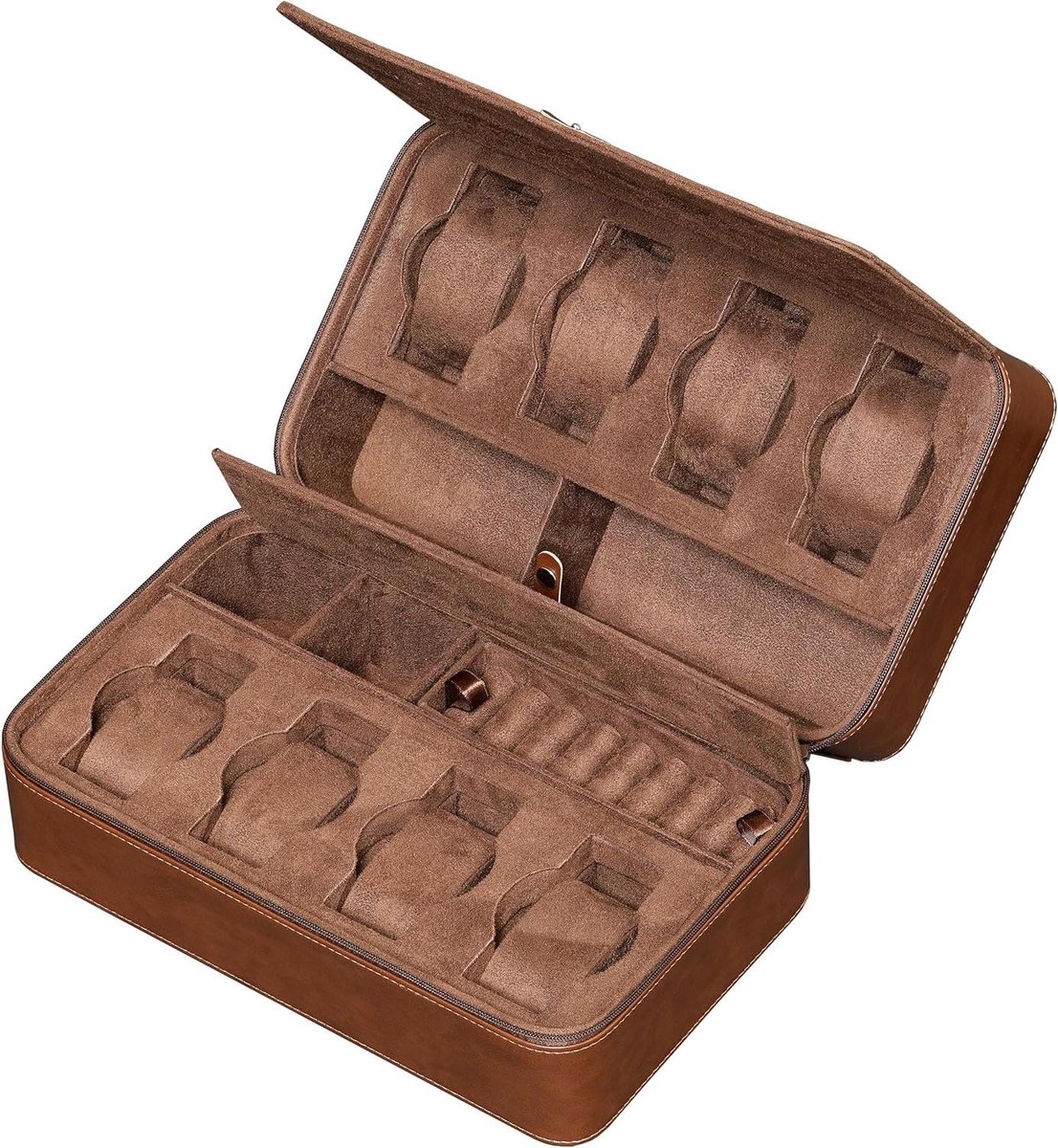 Horloge Travel Case Storage Organizer voor 8 horloges, 2 paar zonnebrillen, ringen en manchetknopen | Stoere draagbare bescherming met rits