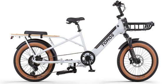 TOMOS E-Cargo Fat 2 Longtail Elektrische Fatbike - Gratis Voordrager - Gratis Bamboe Plaat - Gratis Zitkussen - 20 Inch - 250W Motor - 10 Versnellingen - 90 km Actieradius - Hydraulische Schijfremmen - Glossy White