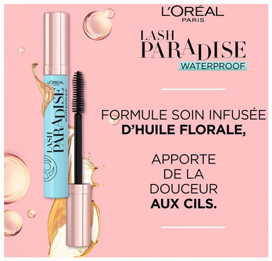 Turquoise mascara koker en borsteltje met rosé gouden details. Tekst: "L'Oréal Paris Lash Paradise Waterproof", "Formule soin infusée d'huile florale", "Apporte de la douceur aux cils".