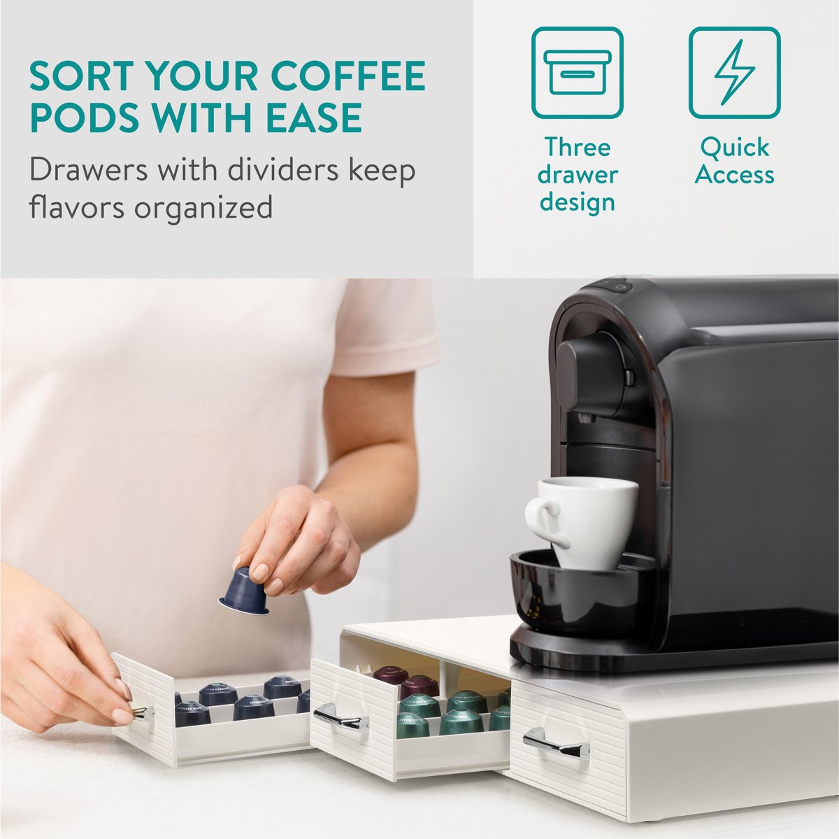 Navaris koffiecups houder lade compatibel met Nespresso cups - Cuphouder voor de koffiehoek - 33,8 x 12,8 x 6,1 cm - Capsulehouder met lade - Crème