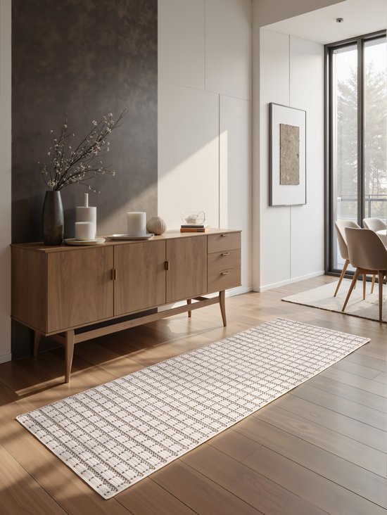 Tapis doux à poils courts - Effet 3D - Crème-Beige - Tapis Boho Scandi - Salon, Chambre - 80 cm x 220 cm