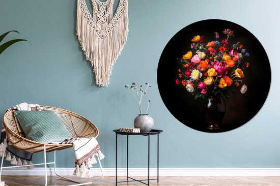 WallCircle - Wandcirkel - Muurcirkel - Kleurrijk - Boeket - Vaas - Donkerbruin - Aluminium - Dibond - 140x140 cm - Binnen en Buiten