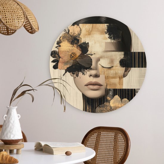 WallCircle® Cercle mural 60x60 cm - Cercle mural Visage - Fleurs - Zwart - Femme - Décoration murale salon - Décoration murale chambre - Accessoires de décoration de chambre - Tableaux ronds