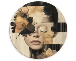 WallCircle® Wandcirkel 60x60 cm - Muurcirkel Gezicht - Bloemen - Zwart - Vrouw - Muurdecoratie woonkamer - Wanddecoratie slaapkamer - Kamer decoratie accessoires - Ronde schilderijen