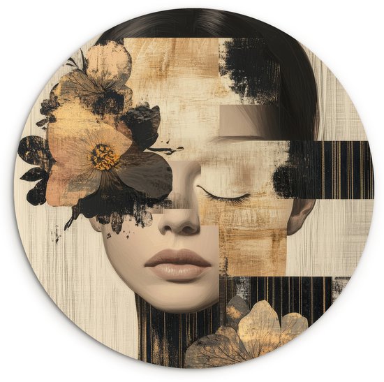 WallCircle® Wandcirkel 60x60 cm - Muurcirkel Gezicht - Bloemen - Zwart - Vrouw - Muurdecoratie woonkamer - Wanddecoratie slaapkamer - Kamer decoratie accessoires - Ronde schilderijen