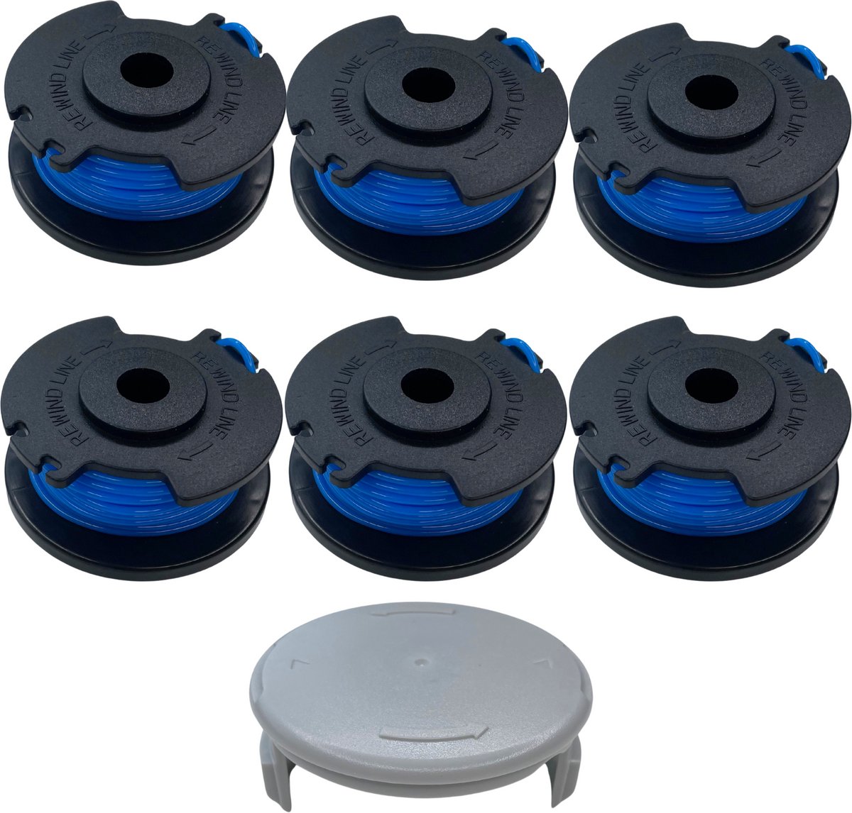 Spoel van draadtrimmer vervangingsdraad AC14RL3A geschikt voor Ryobi One+ bosmaaier 18V 24V 40V Ø 1,65 mm lengte 3,35 m - Set van 6 spoelen + 1 hoes