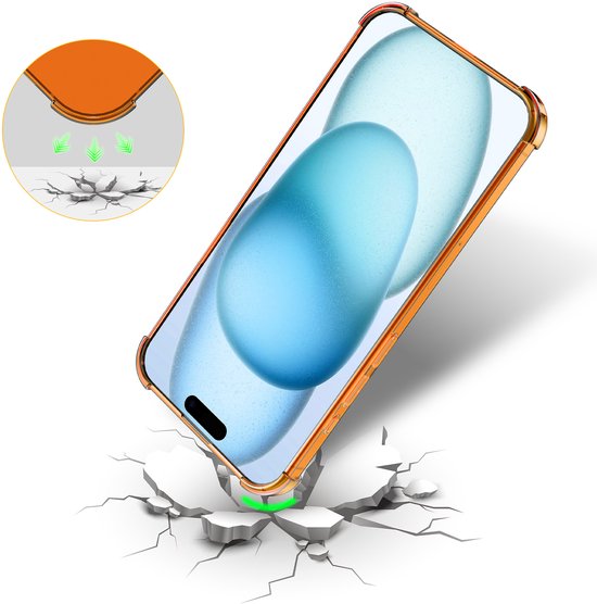 Oranje transparant telefoonhoesje met gouden hoeken, ter bescherming tegen vallen op een gebarsten ondergrond.