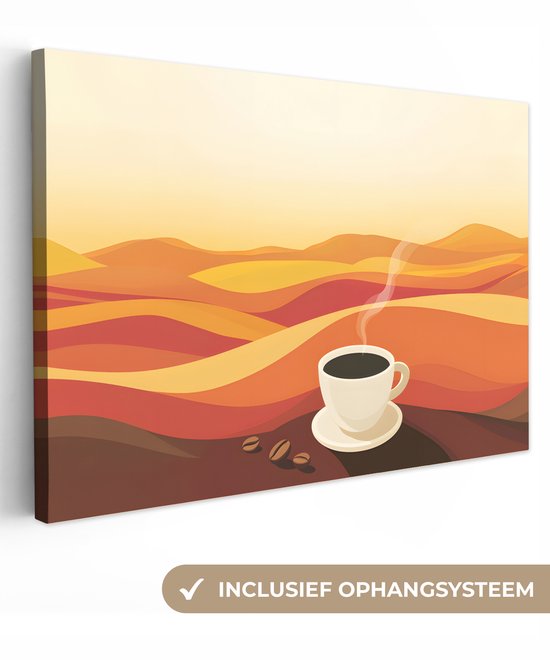 Canvas schilderij 90x60 cm - Exclusieve wanddecoratie Koffie - Landschap - Oranje - Koffiebonen - Muurdecoratie accessoires - Keuken decoratie muur - Schilderijen op canvas